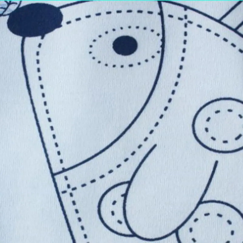Close-up of blue and white cartoon print fabric on Newborn Baby Pure Cotton Clothing Set with Top Pants Hat Bibs Cartoon Print