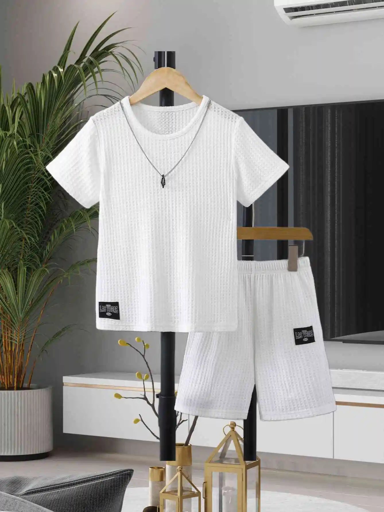 Stylish Boys Outfit Set Trendy Short Sleeve Shirt and Shorts Summer Design in white textured fabric