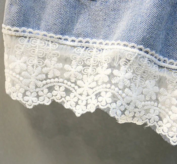 Close-up of denim fabric with white floral lace trim for Summer New Girls Clothing Fashion Suit