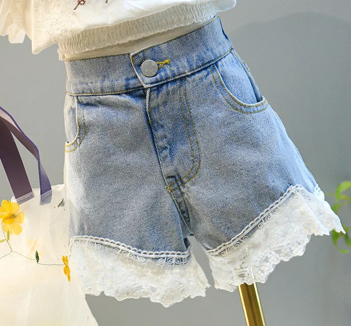 Denim shorts with white lace trim for girls from Yamza Tots' Closet Summer New Girls Clothing Fashion Suit