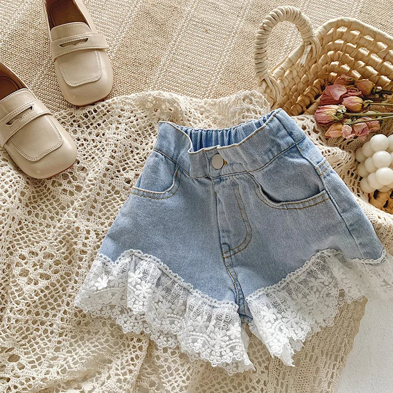 Summer New Girls Clothing Fashion Suit featuring denim shorts with white lace trim by Yamza Tots Closet