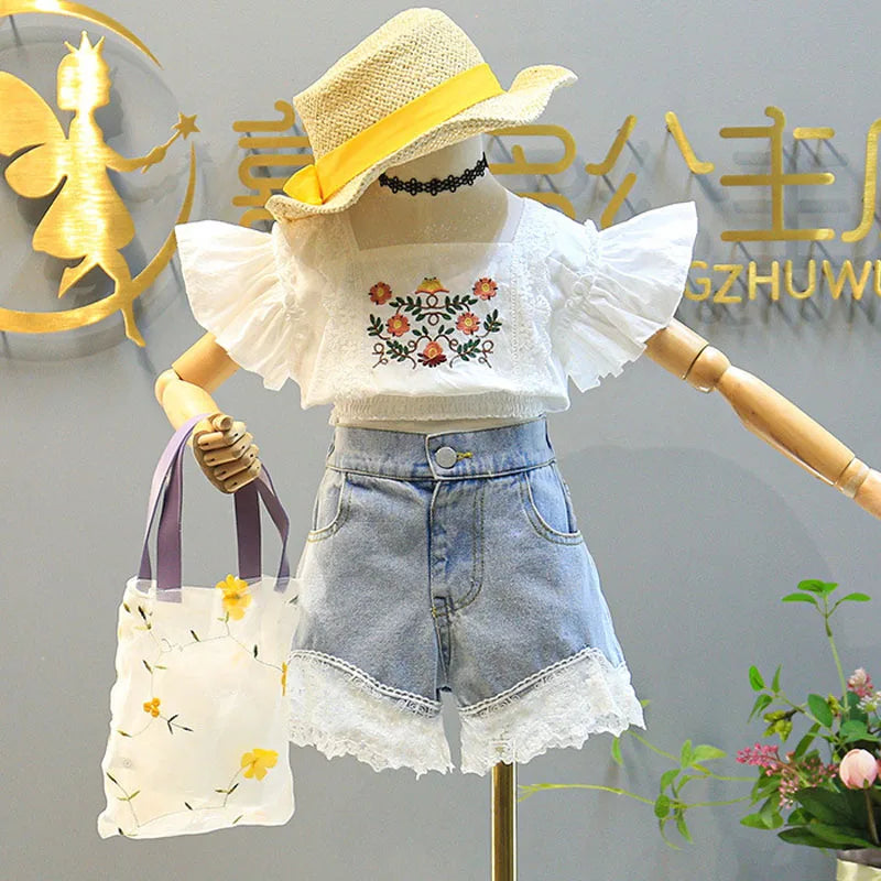 Summer New Girls Clothing Fashion Suit with embroidered white top and denim shorts with lace trim