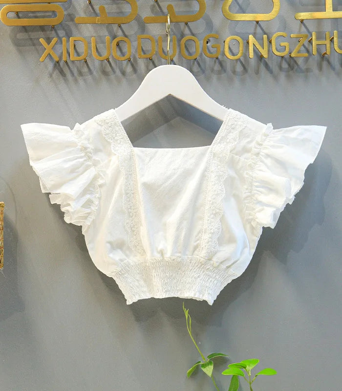 White ruffled sleeve top from Yamza Tots Closet Summer New Girls Clothing Fashion Suit