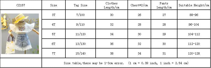 Summer New Girls Clothing Fashion Suit size chart for ages 3T to 7T with measurements in cm