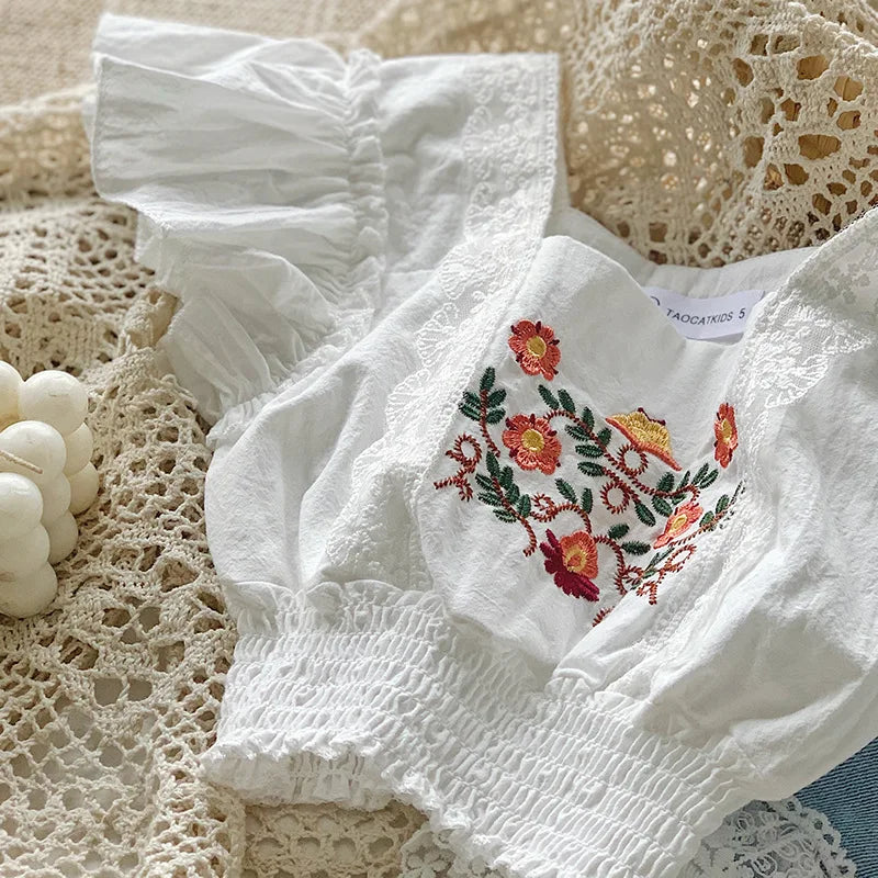 White girls fashion suit with floral embroidery and ruffle sleeves Summer New Girls Clothing Fashion Suit