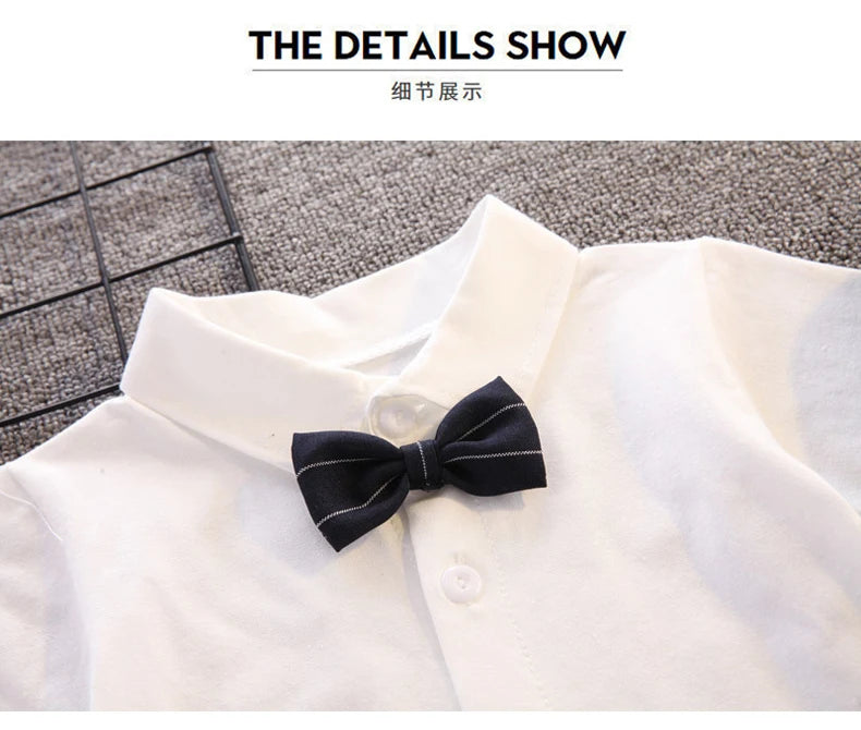 Toddler Boy Birthday Outfit Summer Formal Shirt and Shorts Clothing Set white shirt with black bow tie close-up