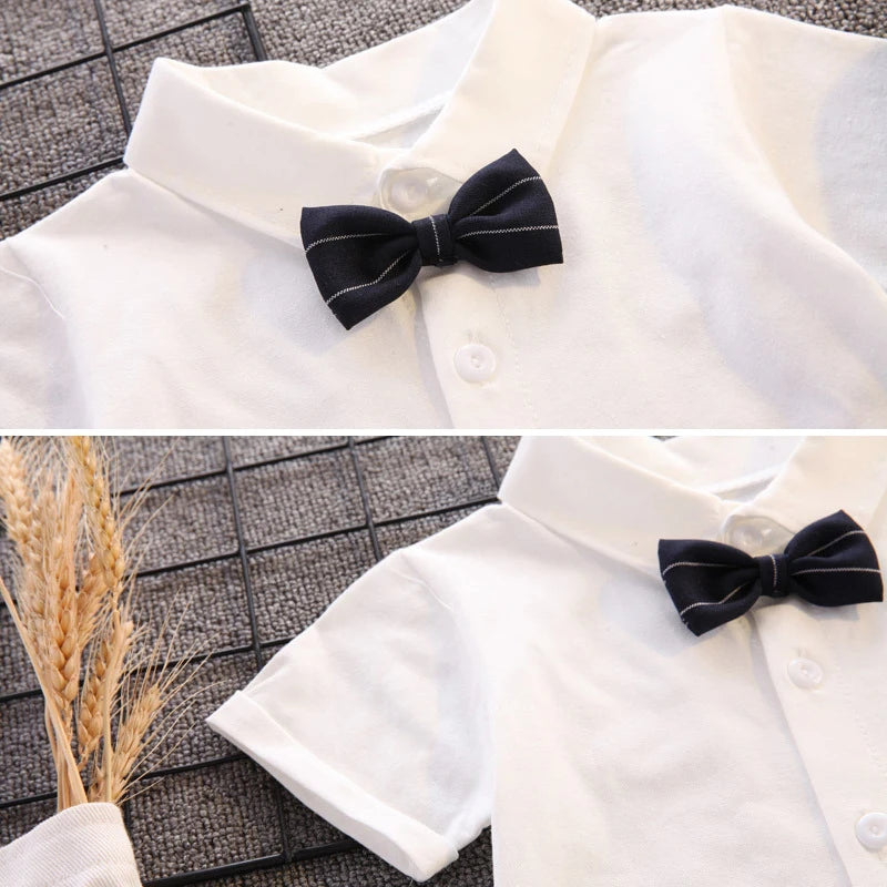 Toddler Boy Birthday Outfit Summer Formal Shirt and Shorts Clothing Set with white shirt and black bow tie