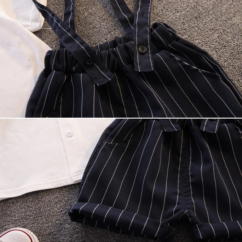 Toddler Boy Birthday Outfit Summer Formal Shirt and Shorts Clothing Set with white shirt and navy striped shorts