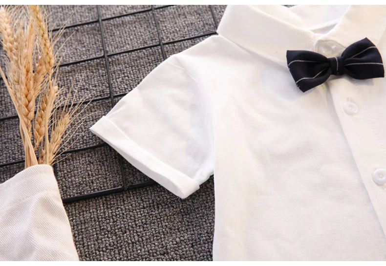 Toddler Boy Birthday Outfit Summer Formal Shirt and Shorts Clothing Set white shirt with black bow tie