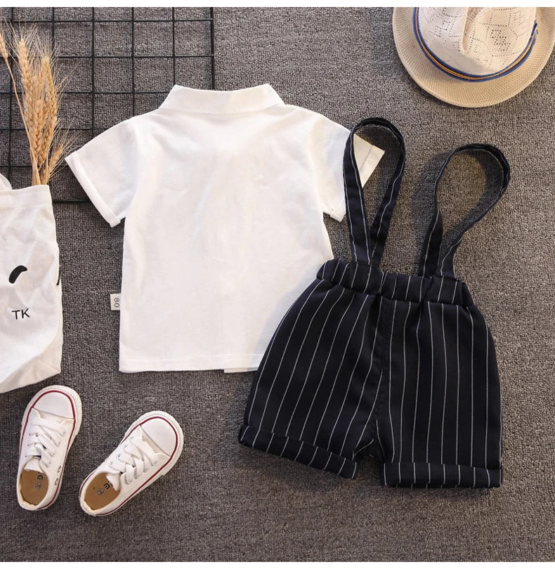 Toddler Boy Birthday Outfit Summer Formal Shirt and Shorts Clothing Set with white shirt and pinstripe shorts