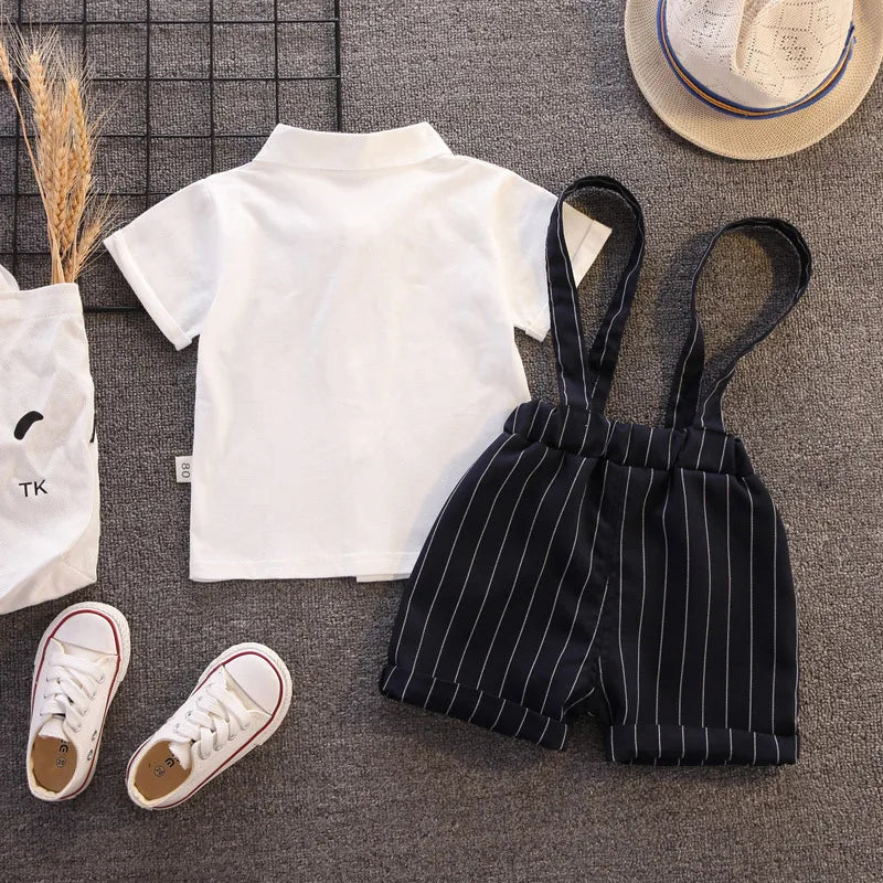 Toddler Boy Birthday Outfit Summer Formal Shirt and Shorts Clothing Set white shirt with black pinstripe shorts and suspenders