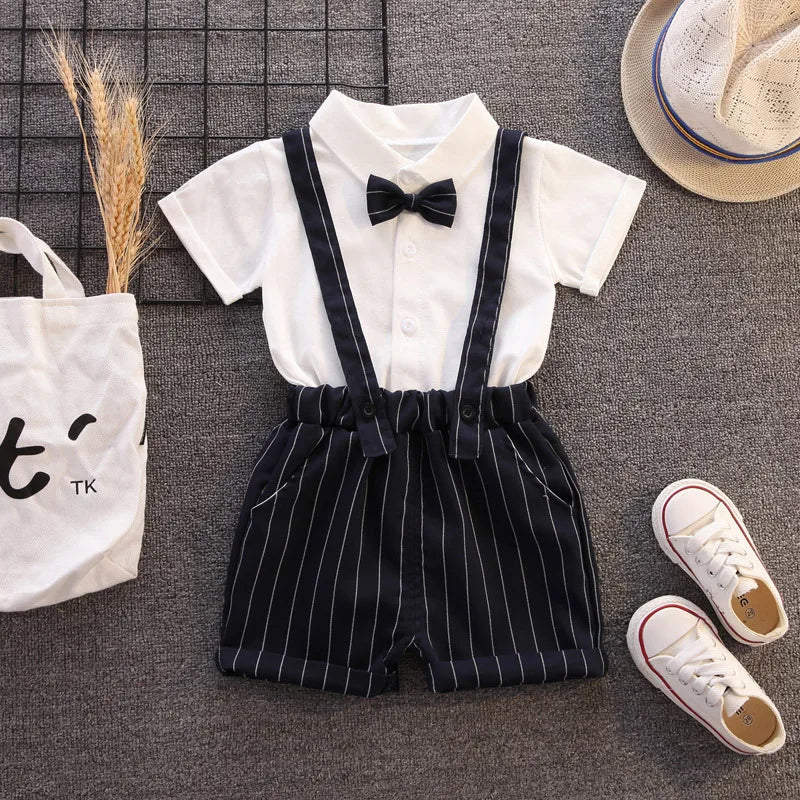 Toddler Boy Birthday Outfit Summer Formal Shirt and Shorts Clothing Set with bow tie and suspenders