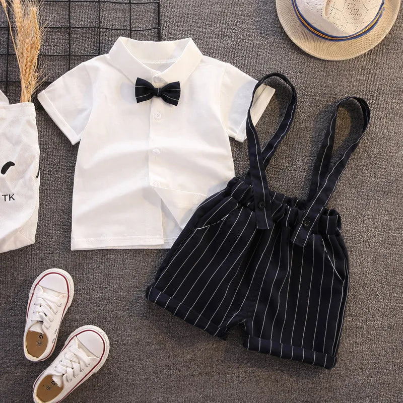 Toddler Boy Birthday Outfit Summer Formal Shirt and Shorts Clothing Set with white shirt and black striped suspenders shorts 