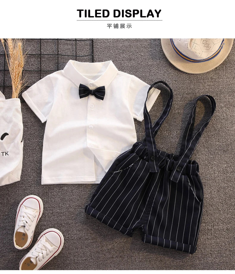 Toddler Boy Birthday Outfit Summer Formal Shirt and Shorts Clothing Set with white shirt and black striped suspenders shorts
