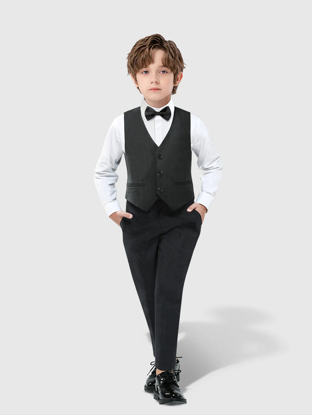 Toddler boy wearing Yamza Tots Closet Toddler Boy Formal Dresswear Set Vest Shirt Pants and Bowtie Back to School black outfit
