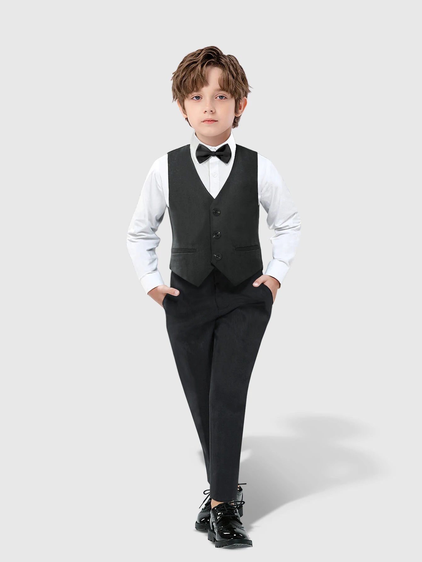 Toddler boy wearing Yamza Tots Closet Toddler Boy Formal Dresswear Set Vest Shirt Pants and Bowtie Back to School black outfit