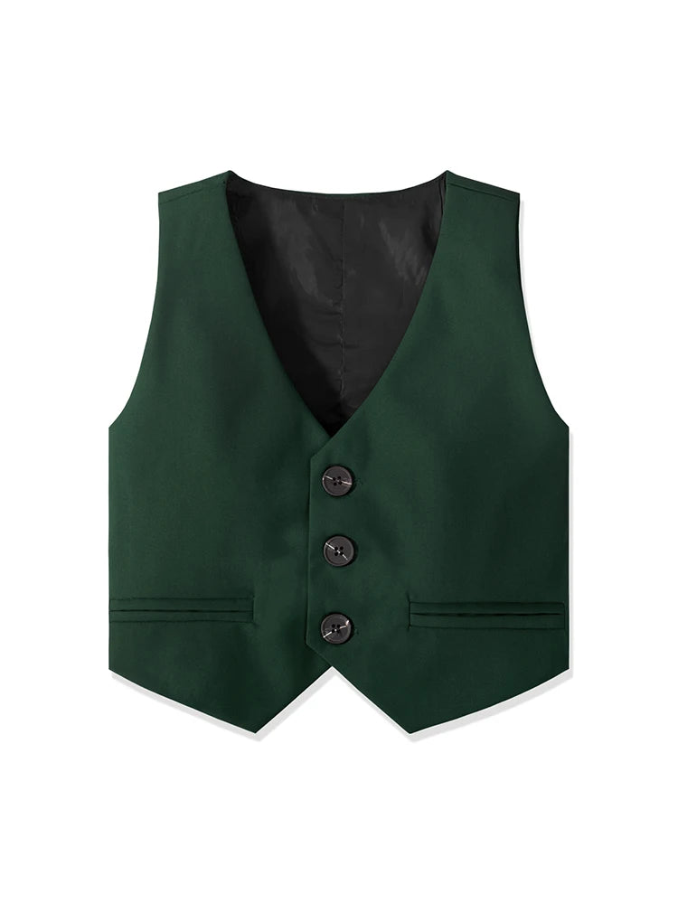Toddler Boy Formal Dresswear Set Vest, Shirt, Pants and Bowtie Back to School dark green buttoned vest