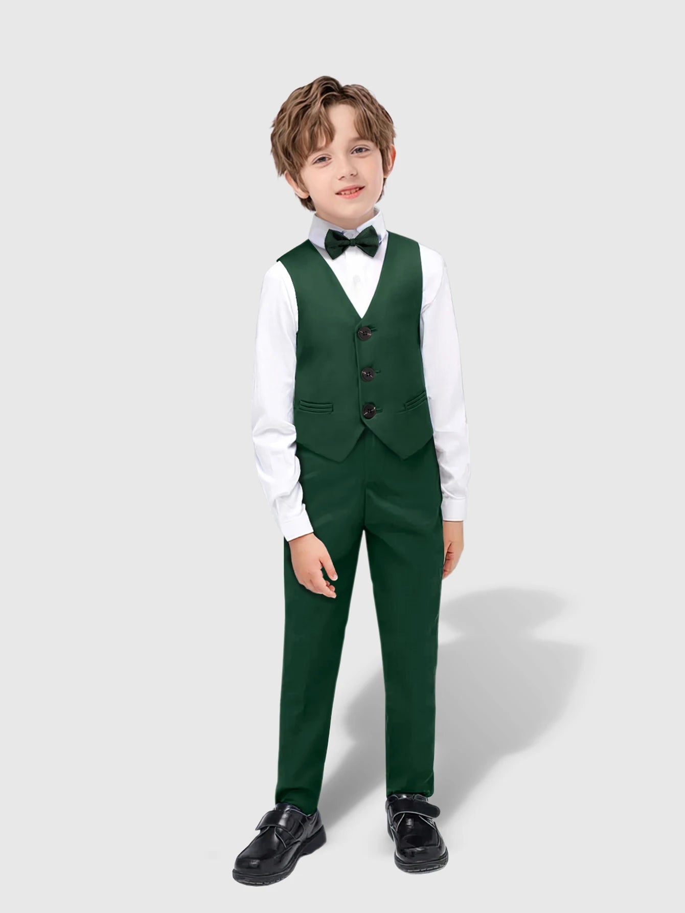 Toddler Boy Formal Dresswear Set Vest Shirt Pants and Bowtie Back to School in dark green worn by a young boy