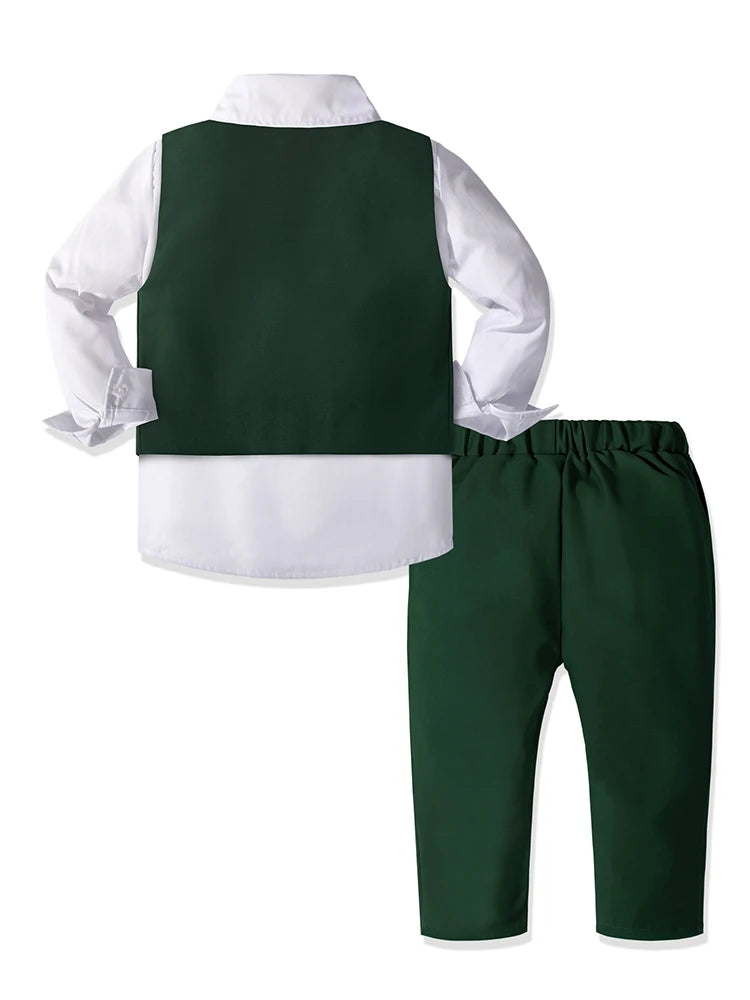 Toddler Boy Formal Dresswear Set Vest Shirt Pants and Bowtie Back to School in green and white by Yamza Tots' Closet