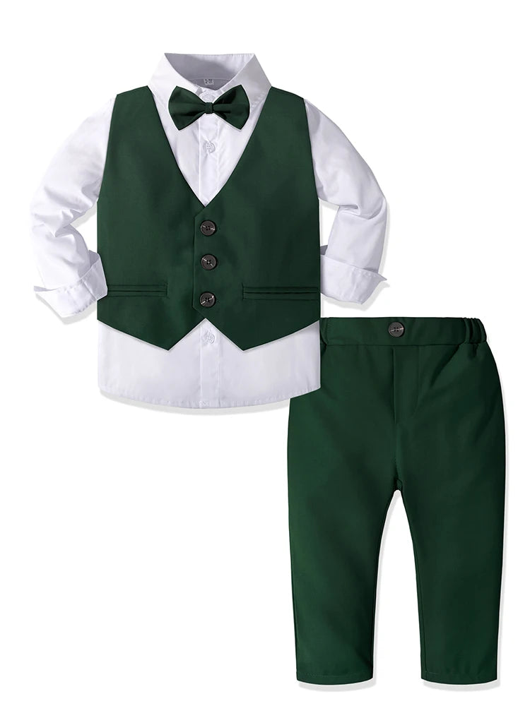 Toddler Boy Formal Dresswear Set Vest Shirt Pants and Bowtie Back to School in dark green and white