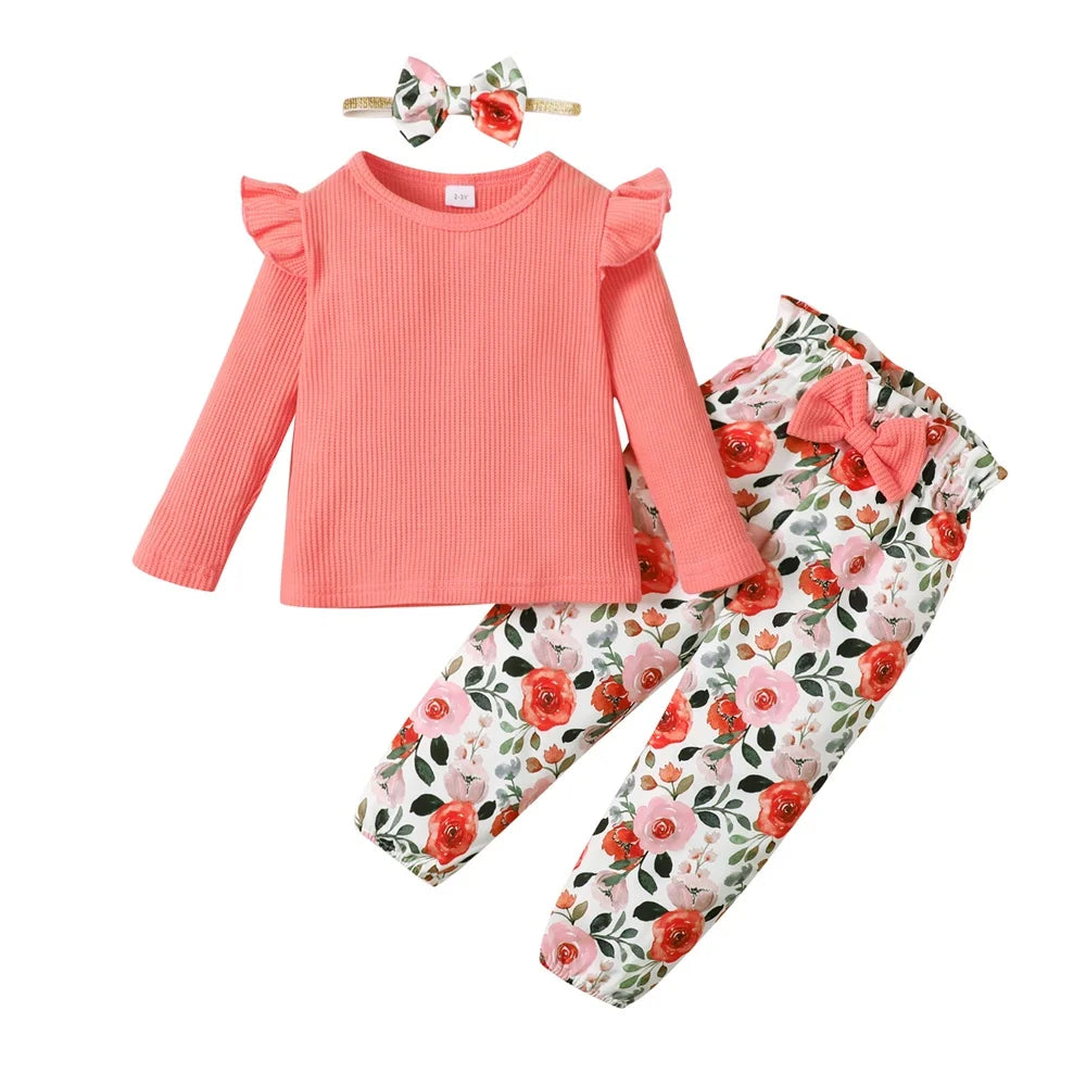 Toddler Girl Clothes Set Long Sleeve Solid Top and Floral Pants Spring Autumn with matching floral headband 