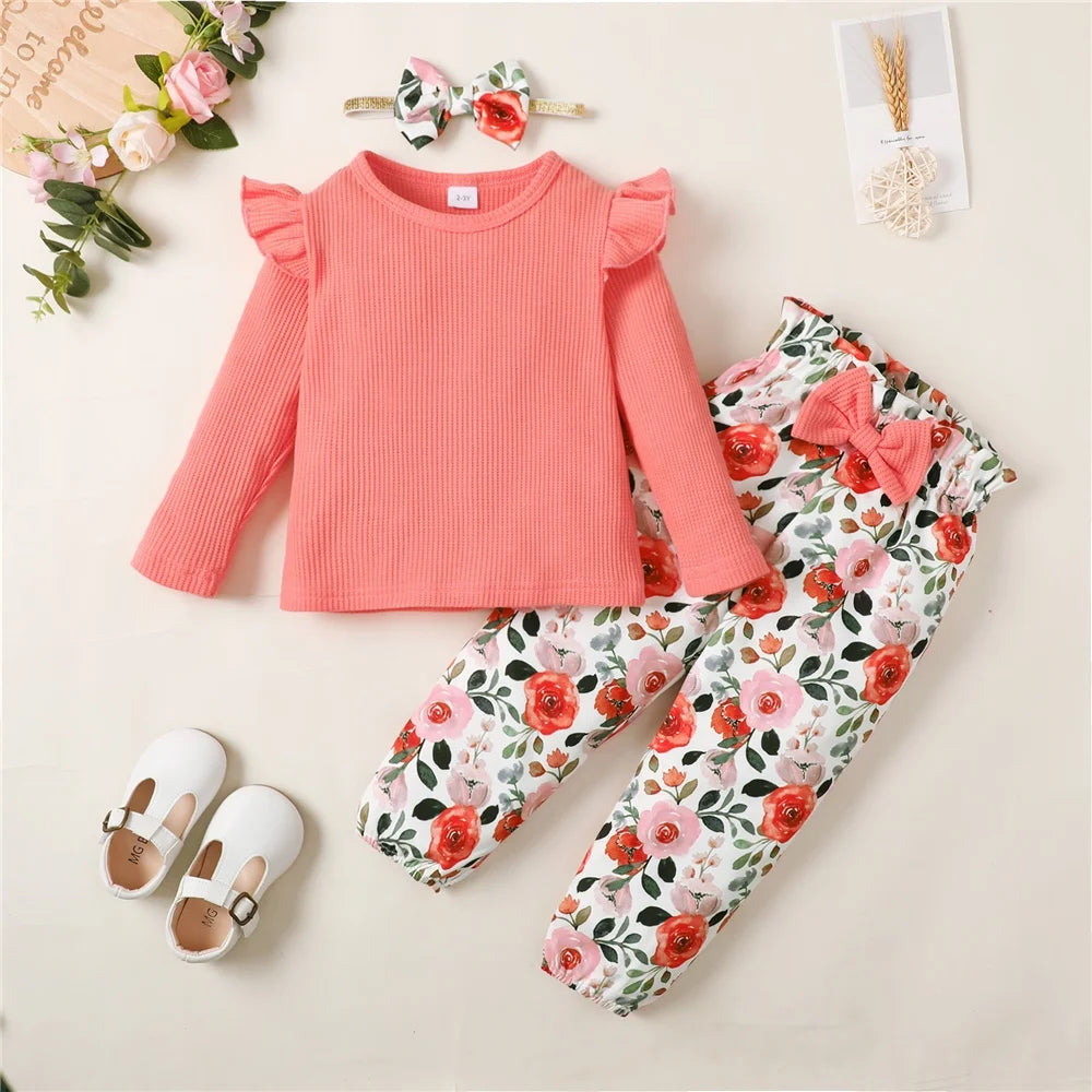 Toddler Girl Clothes Set Long Sleeve Solid Top and Floral Pants Spring Autumn by Yamza Tots Closet with matching headband and  white shoes