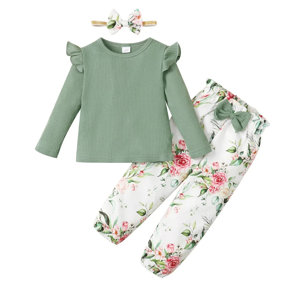 Toddler Girl Clothes Set Long Sleeve Solid Top and Floral Pants Spring Autumn by Yamza Tots Closet with matching headband