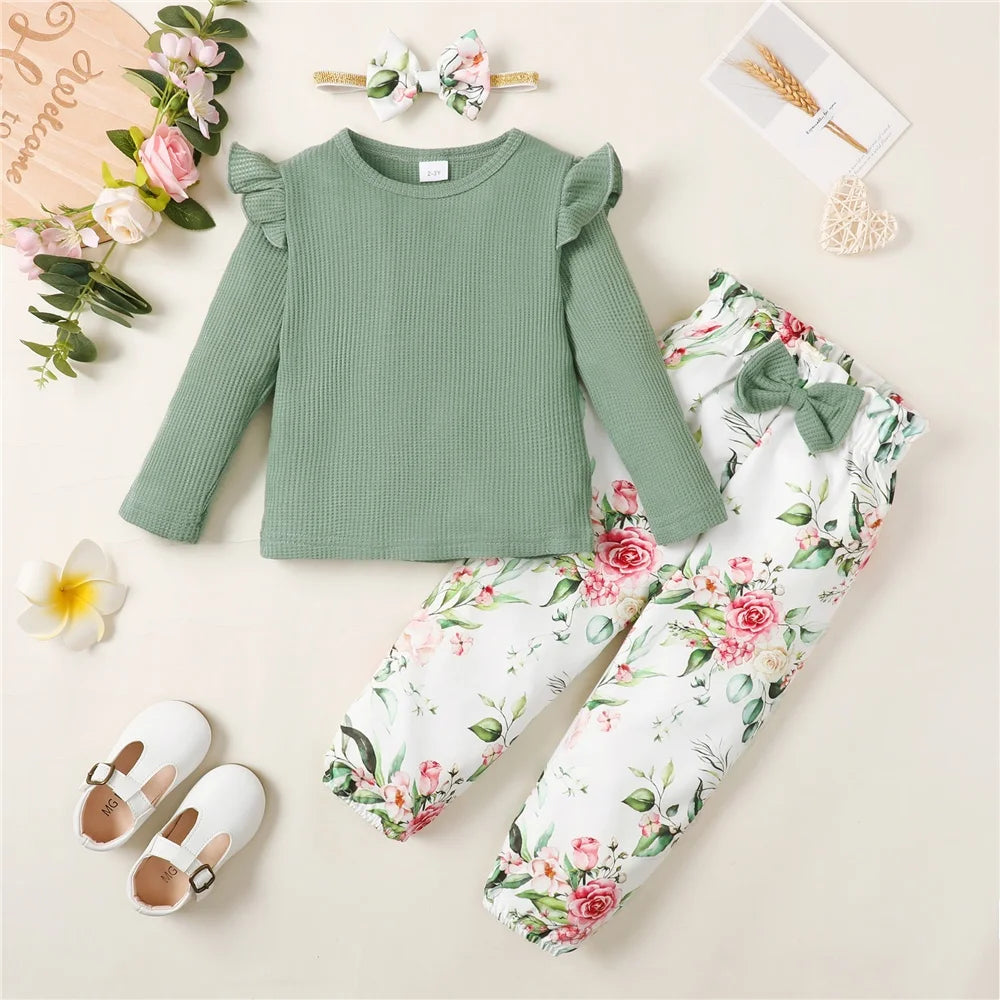Toddler Girl Clothes Set Long Sleeve Solid Top and Floral Pants Spring Autumn outfit with green ruffle top and floral pants