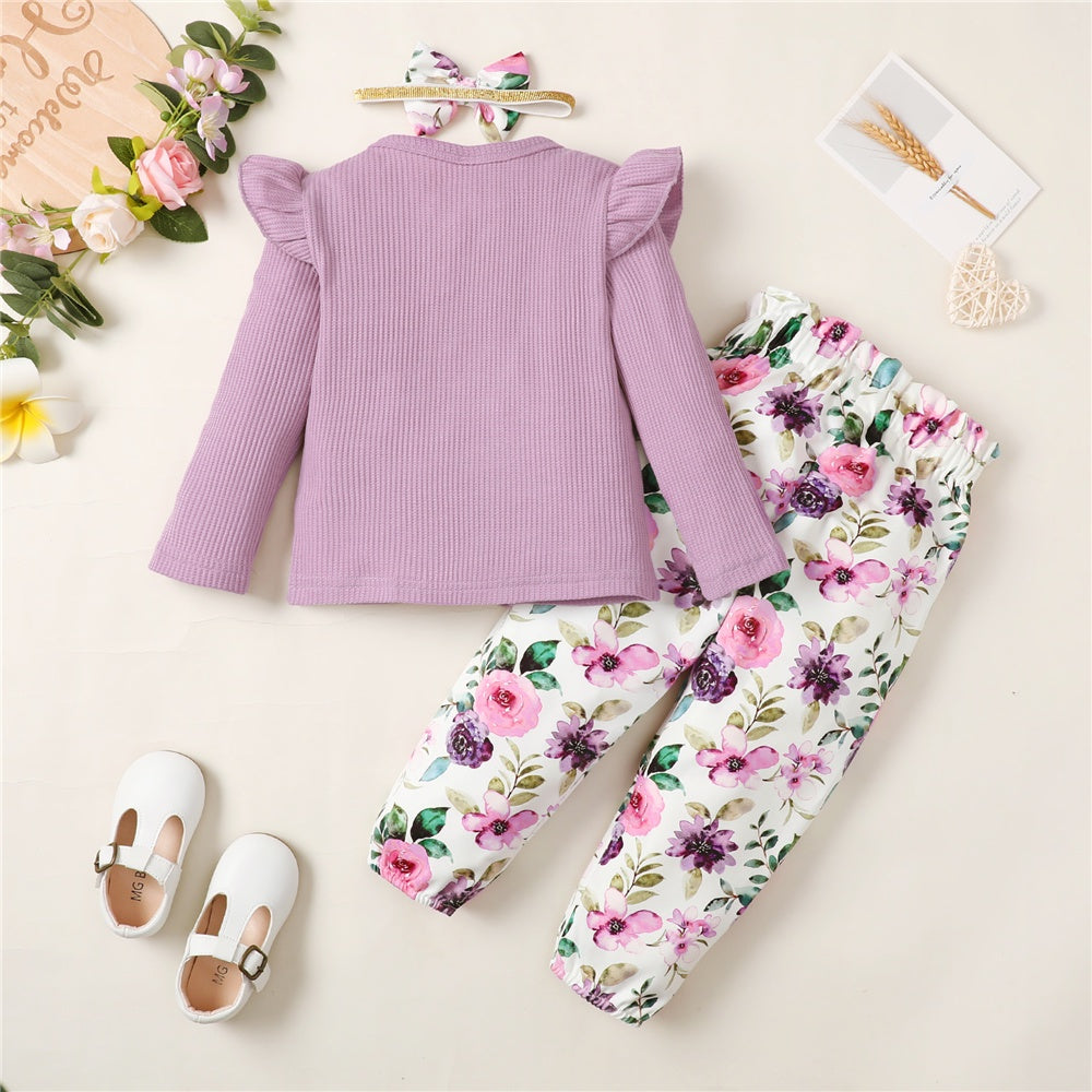 Toddler Girl Clothes Set Long Sleeve Solid Top and Floral Pants Spring Autumn outfit with purple ruffled top and floral pants