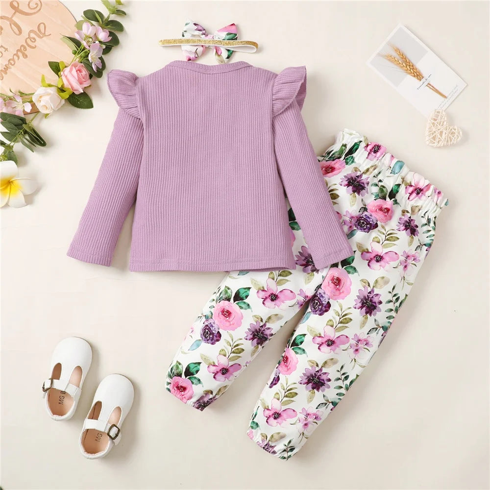 Toddler Girl Clothes Set Long Sleeve Solid Top and Floral Pants Spring Autumn by Yamza Tots Closet with matching headband and white shoes