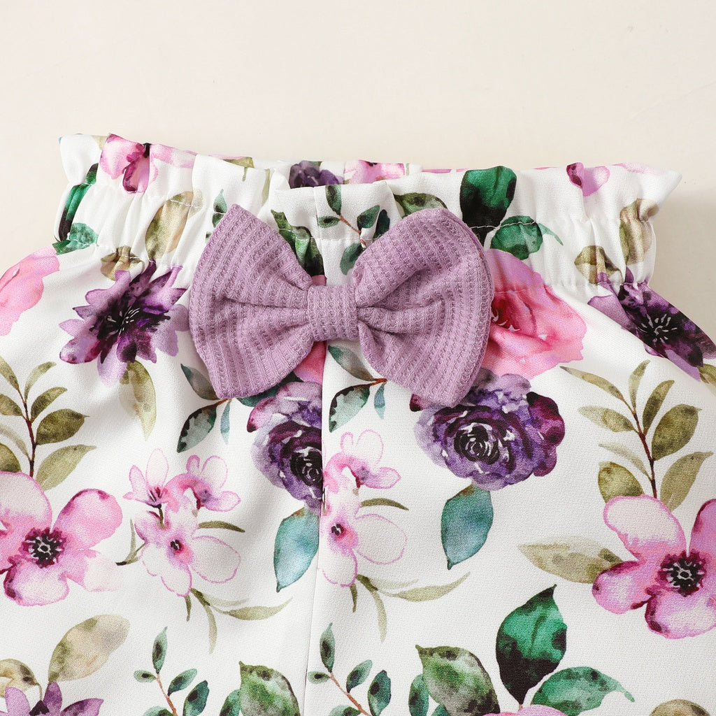 Toddler Girl Clothes Set Long Sleeve Solid Top and Floral Pants Spring Autumn with purple bow detail