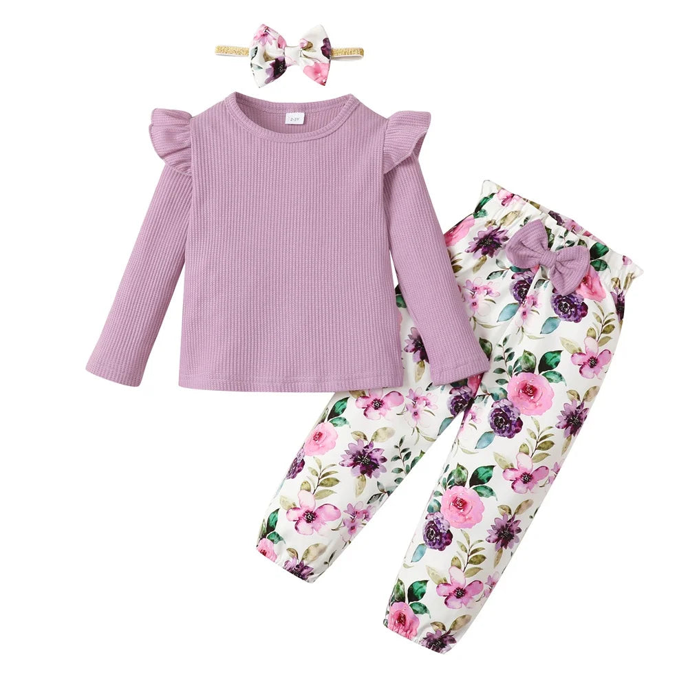 Toddler Girl Clothes Set Long Sleeve Solid Top and Floral Pants Spring Autumn with matching floral headband