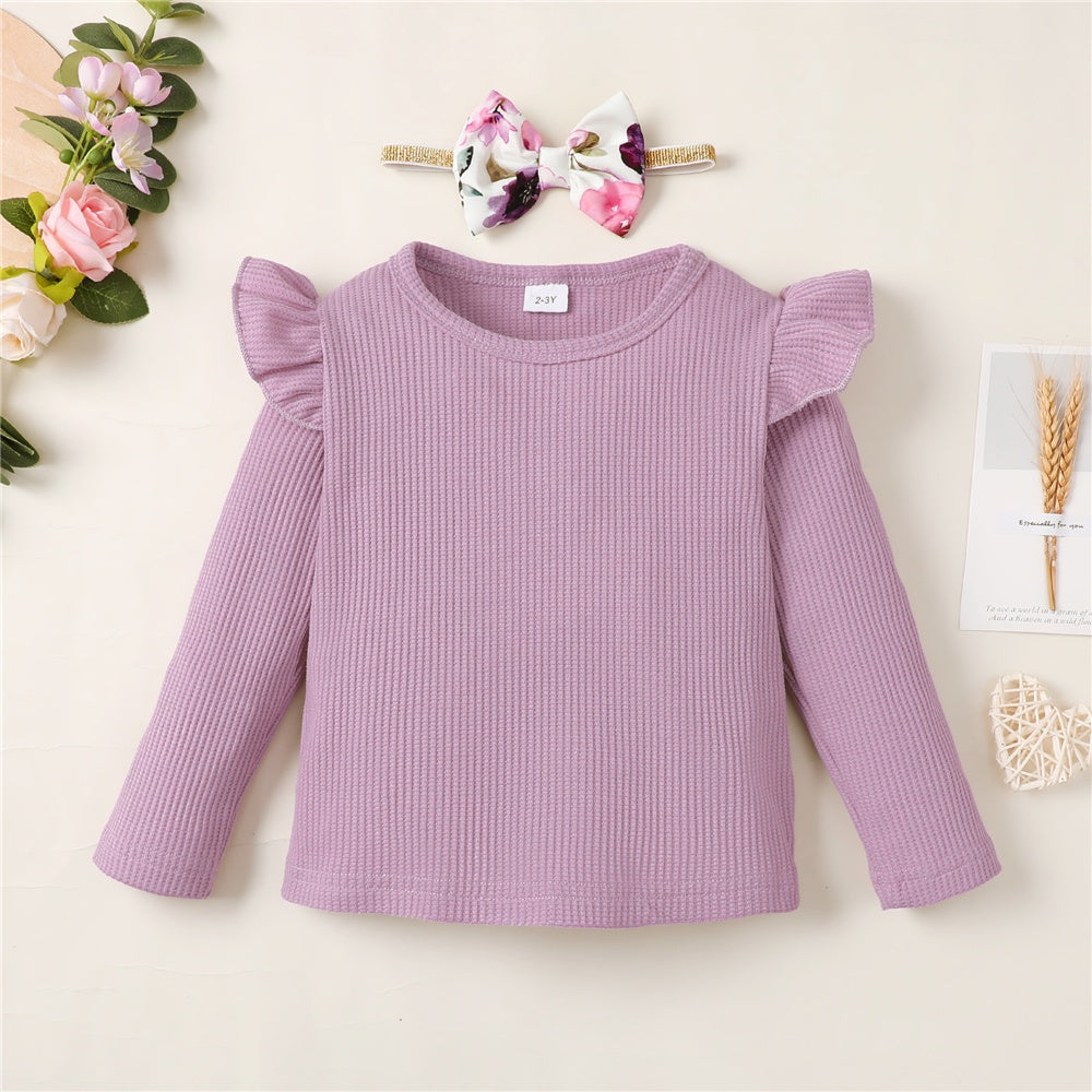Toddler Girl Clothes Set Long Sleeve Solid Top and Floral Pants Spring Autumn purple long sleeve top with ruffle shoulders and floral headband