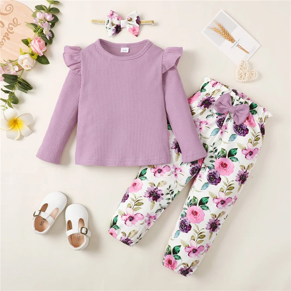 Toddler Girl Clothes Set Long Sleeve Solid Top and Floral Pants Spring Autumn by Yamza Tots Closet 