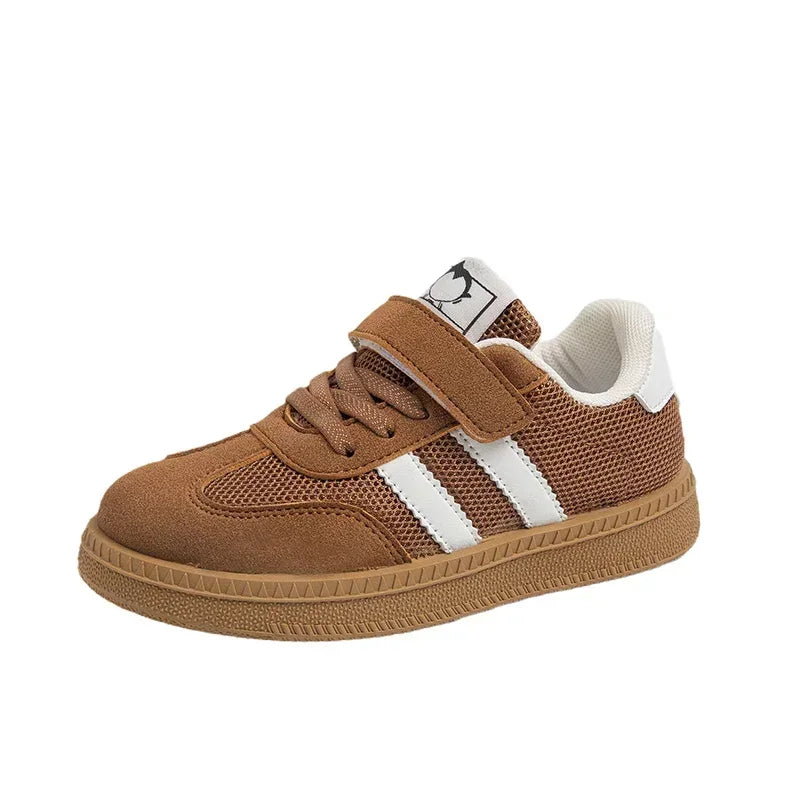 Brown kids walking shoes sneakers white non-slip with velcro strap and white stripes