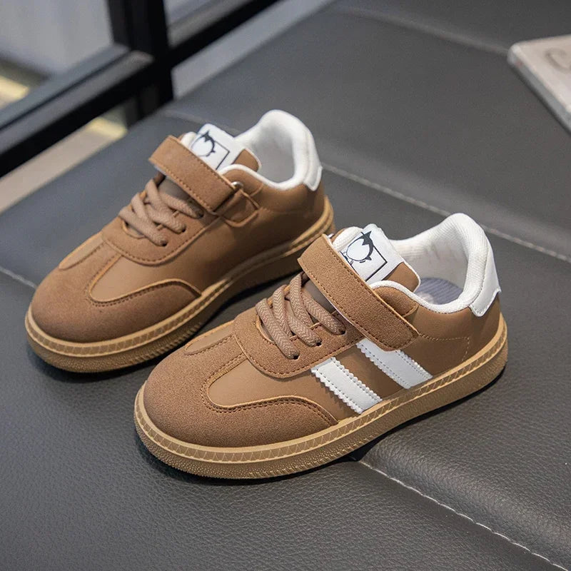 Yamza Tots' Closet brown walking shoes sneakers white non slip with Velcro strap and cushioned sole