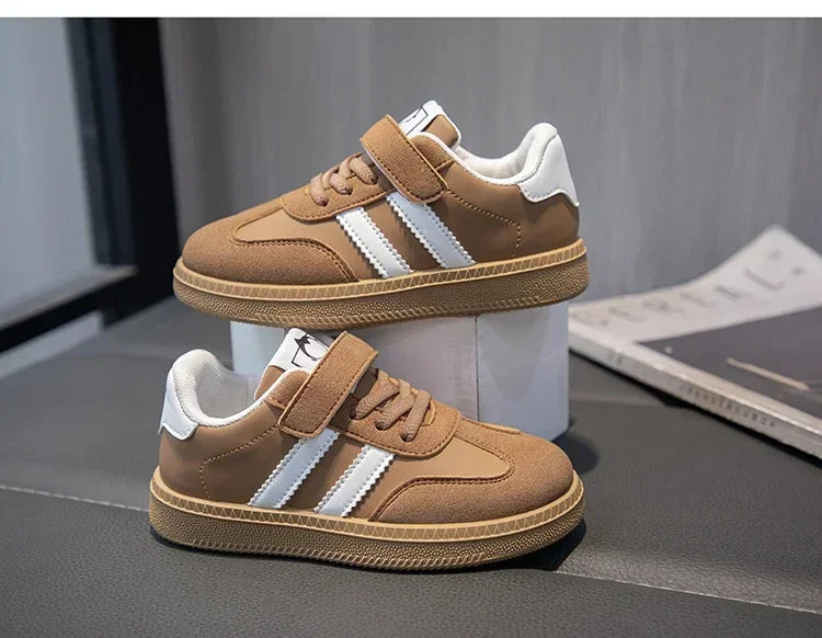 Brown kids walking shoes sneakers white non-slip with Velcro strap and white accents from Yamza Tots' Closet