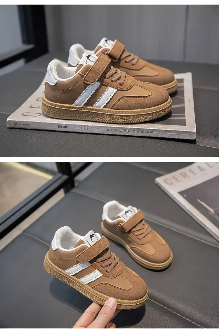 Yamza Tots' Closet brown kids walking shoes sneakers white non-slip with velcro straps and white accents