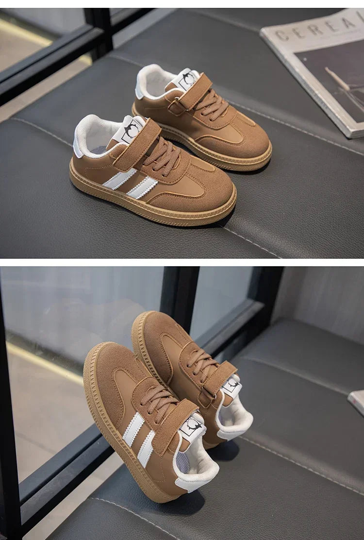 Yamza Tots' Closet walking shoes sneakers white non-slip in brown with white stripes for toddlers