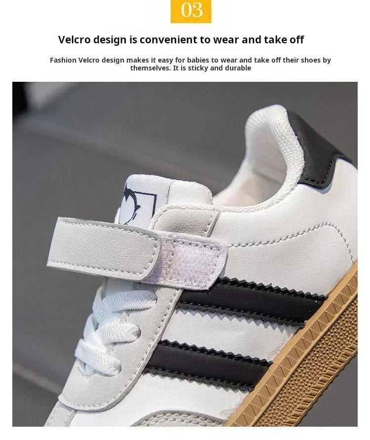 White walking shoes sneakers white non-slip with black stripes and convenient Velcro design