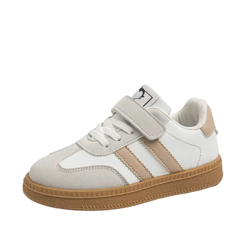 Yamza Tots' Closet walking shoes sneakers white non-slip with beige stripes and brown sole