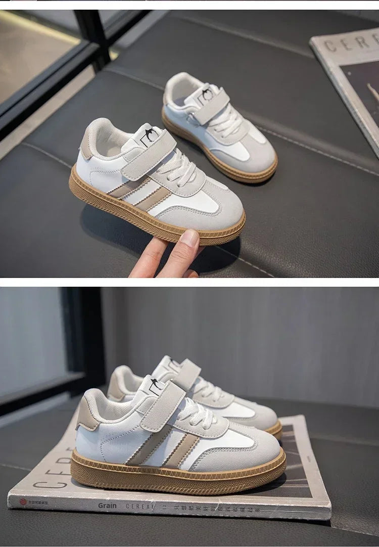 Yamza Tots' Closet Walking Shoes Sneakers White Non-slip with beige stripes and velcro strap for toddlers