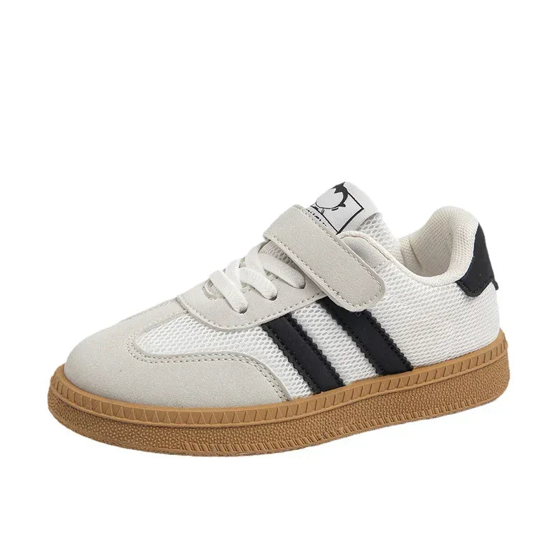 Yamza Tots Closet walking shoes sneakers white non slip with black stripes and brown sole
