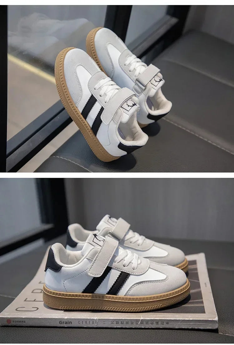 Yamza Tots Closet Walking Shoes Sneakers White Non-slip with black stripes and brown soles for kids