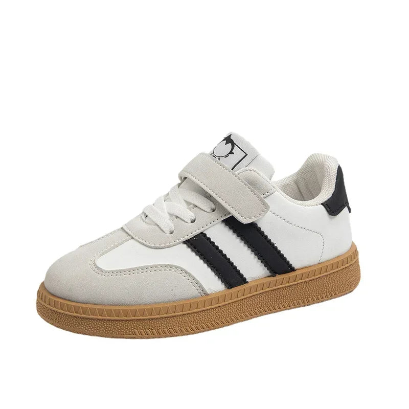 Yamza Tots' Closet Walking Shoes Sneakers White Non-slip with black stripes and brown sole