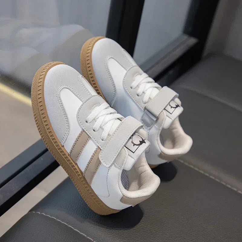 Yamza Tots' Closet Walking Shoes Sneakers White Non-slip with beige stripes and sturdy sole for kids