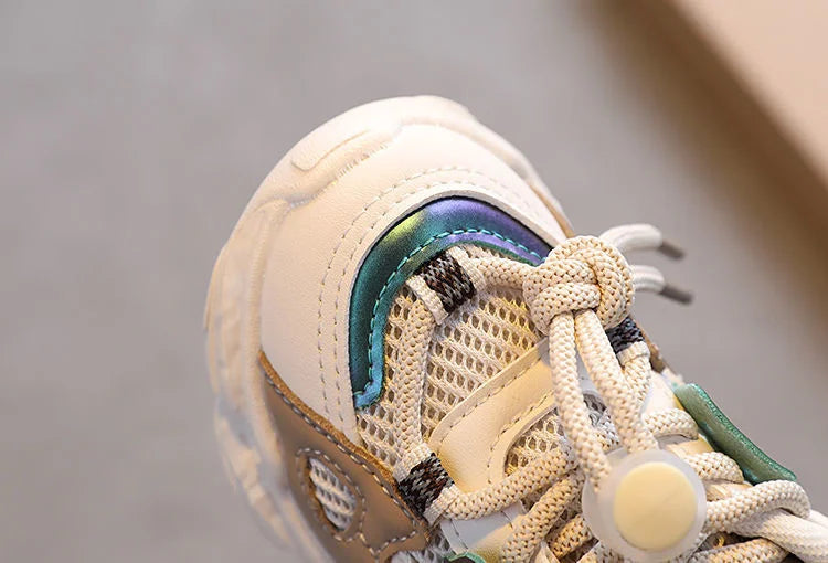 Breathable Mesh Kids Casual Sneakers Non-Slip Sport Shoes for Boys and Girls in beige with iridescent accents