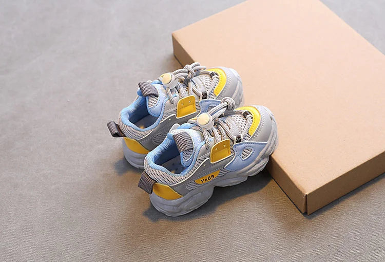 Breathable Mesh Kids Casual Sneakers Non-Slip Sport Shoes for Boys and Girls in gray and yellow by Yamza Tots' Closet