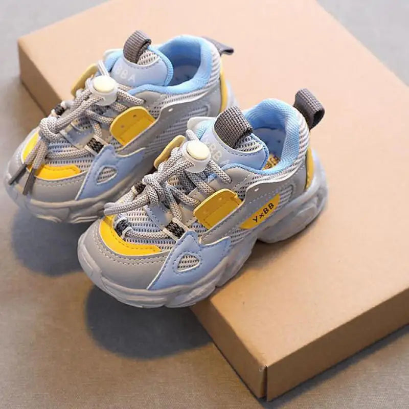 Breathable Mesh Kids Casual Sneakers Non-Slip Sport Shoes for Boys and Girls in gray yellow and blue