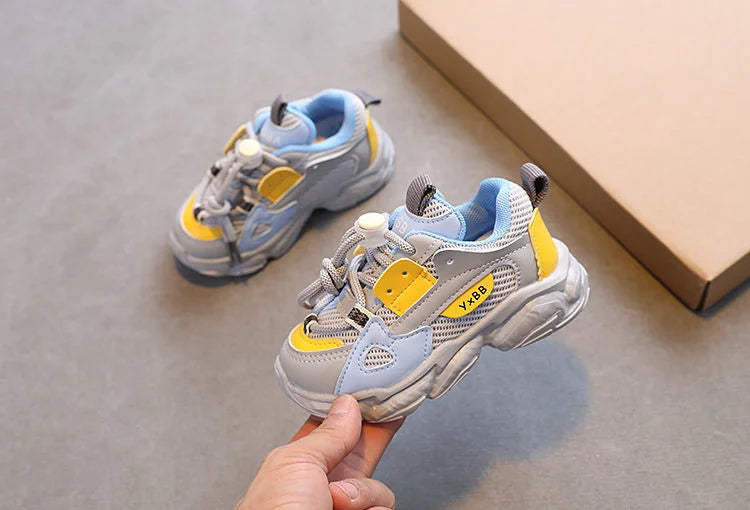 Breathable Mesh Kids Casual Sneakers Non-Slip Sport Shoes for Boys and Girls in gray yellow blue colors